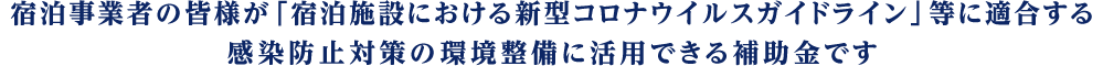 宿泊事業者の皆様が「宿泊施設における新型コロナウイルスガイドライン」等に適合する感染防止対策の環境整備に活用できる補助金です